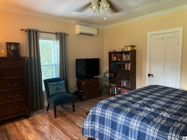 bedroom with dark wood-type flooring, a wall mounted AC, ceiling fan, and ornamental molding