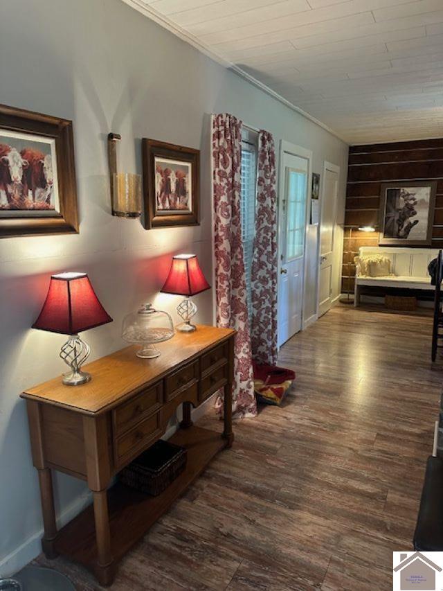 hallway featuring dark hardwood / wood-style floors and crown molding