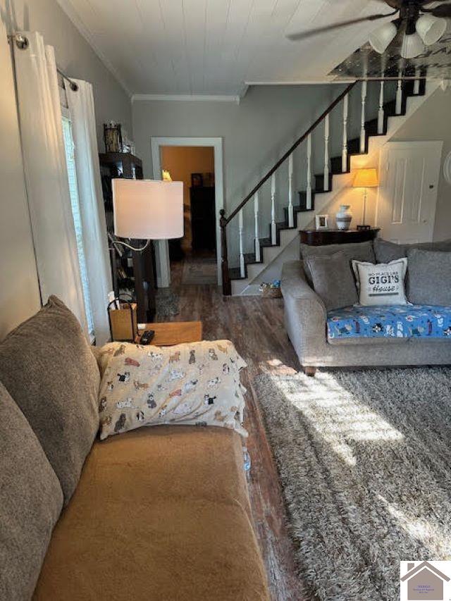 living room with crown molding, ceiling fan, and wood-type flooring