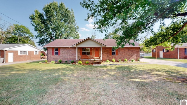 single story home with a front yard and a porch