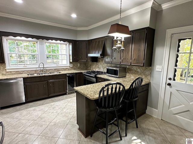 kitchen with premium range hood, a sink, appliances with stainless steel finishes, light stone countertops, and crown molding