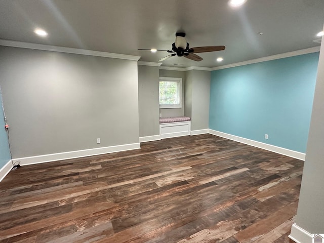 spare room with crown molding, baseboards, dark wood-style flooring, and recessed lighting