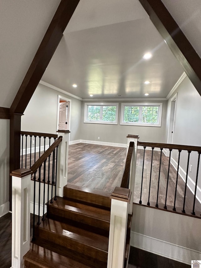 stairs featuring ornamental molding, recessed lighting, baseboards, and wood finished floors