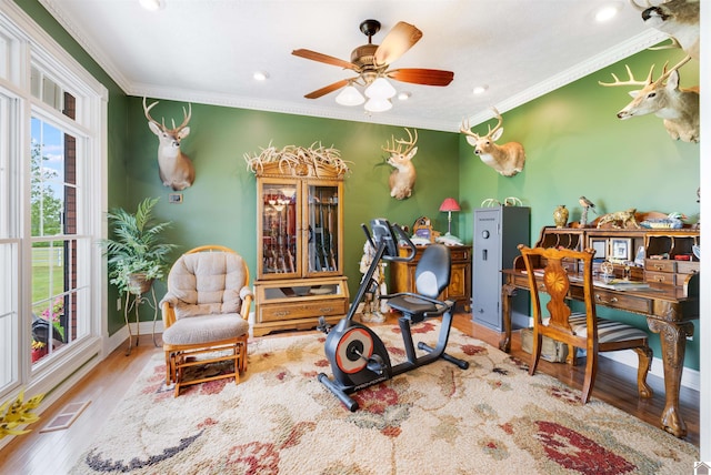 interior space featuring ceiling fan, light hardwood / wood-style floors, and ornamental molding