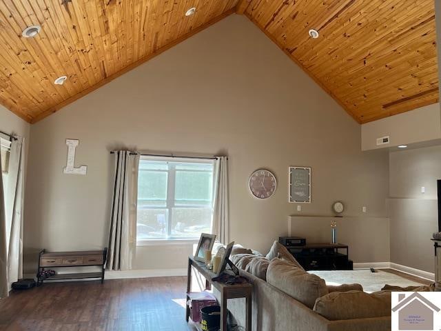 living room featuring wood ceiling, high vaulted ceiling, and hardwood / wood-style flooring