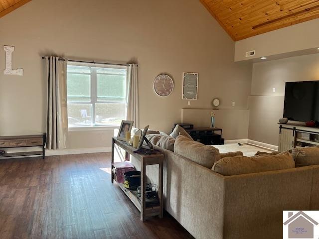 living room featuring dark hardwood / wood-style flooring, high vaulted ceiling, and wooden ceiling