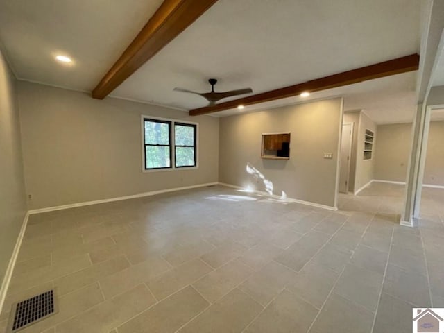 empty room with ceiling fan, light tile patterned floors, and beam ceiling