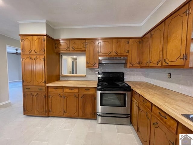 kitchen with stainless steel range with electric stovetop, crown molding, backsplash, and light tile patterned flooring