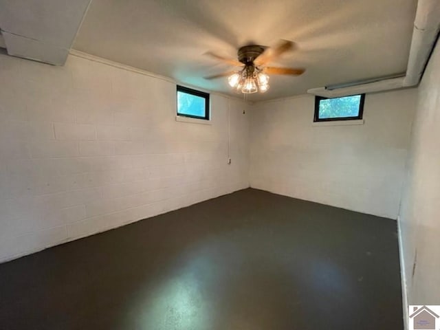 basement with ceiling fan