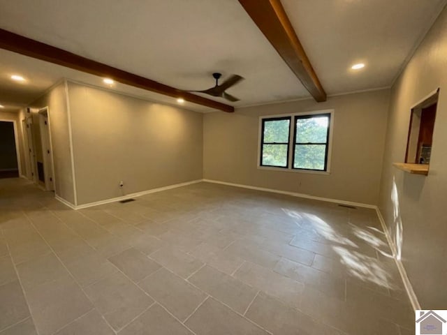 unfurnished room with beamed ceiling, light tile patterned floors, and ceiling fan