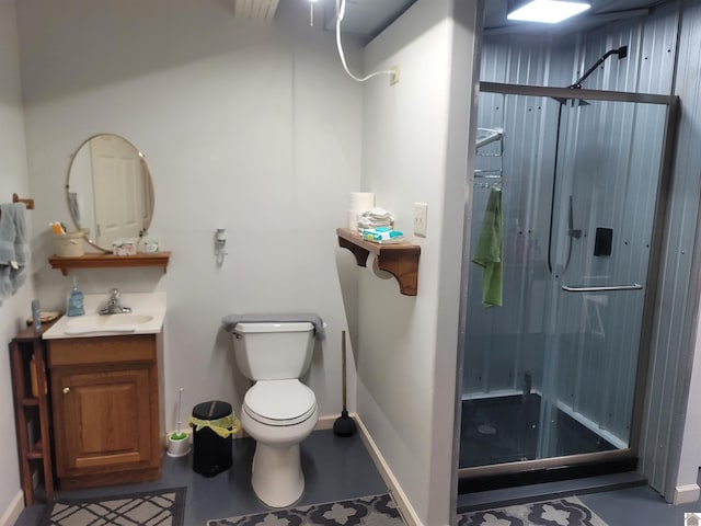 bathroom featuring a shower with shower door, toilet, concrete floors, and vanity