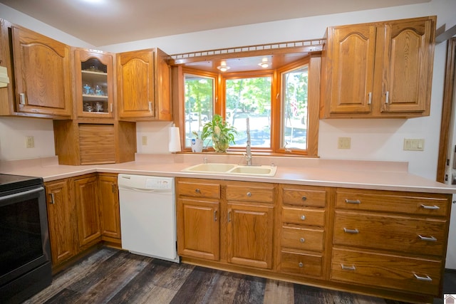 kitchen with dishwasher, dark wood-type flooring, stainless steel electric range oven, and sink