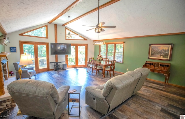 living room featuring a textured ceiling, dark hardwood / wood-style flooring, french doors, lofted ceiling with beams, and ceiling fan