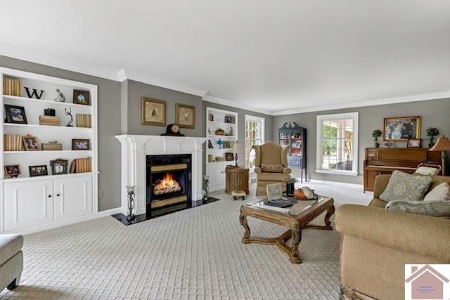 carpeted living room featuring crown molding and a premium fireplace