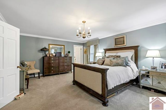 bedroom featuring light colored carpet, a notable chandelier, and crown molding