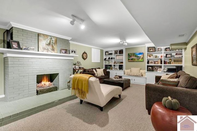 living room featuring carpet flooring, a fireplace, and ornamental molding