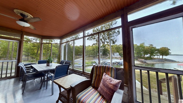 sunroom with ceiling fan, wood ceiling, and a water view