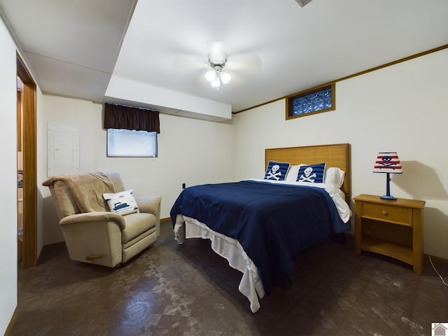 bedroom with ceiling fan and electric panel