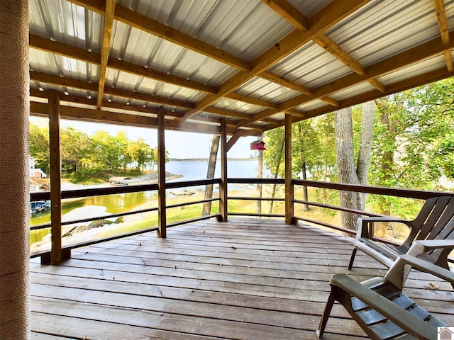 deck featuring a water view