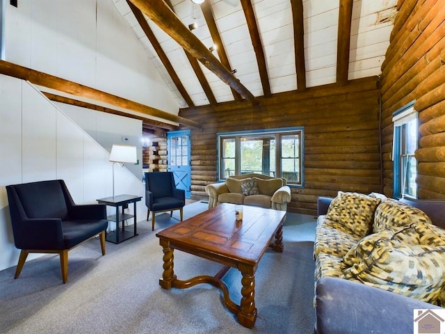 carpeted living room featuring log walls, beamed ceiling, and high vaulted ceiling