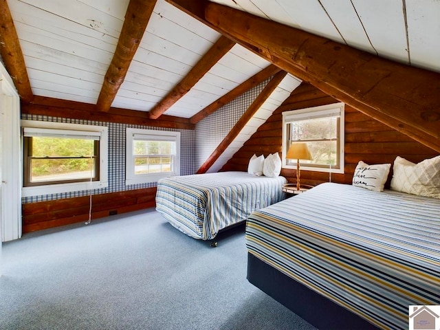 carpeted bedroom with lofted ceiling with beams, wood walls, and wooden ceiling