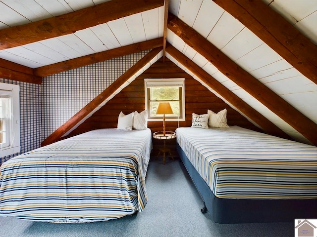 carpeted bedroom with vaulted ceiling with beams, wood ceiling, and wood walls