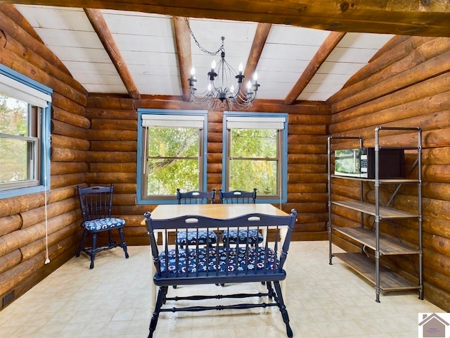 dining room featuring vaulted ceiling with beams, a chandelier, rustic walls, and wooden ceiling