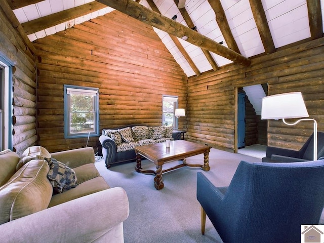 living room featuring log walls, high vaulted ceiling, and a wealth of natural light