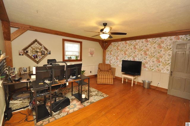 office area featuring wood-type flooring and ceiling fan