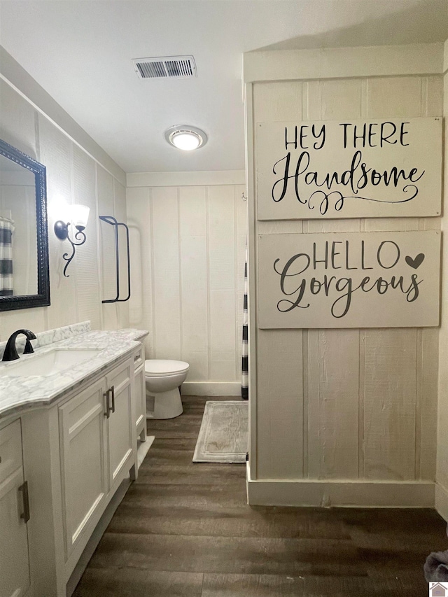 bathroom with wood-type flooring, vanity, and toilet