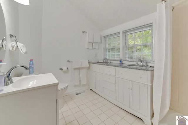 354 Sassafrass Rd, Cadiz, KY 42211 - full bath with vanity, tile patterned flooring, vaulted ceiling, toilet, and a shower with shower curtain