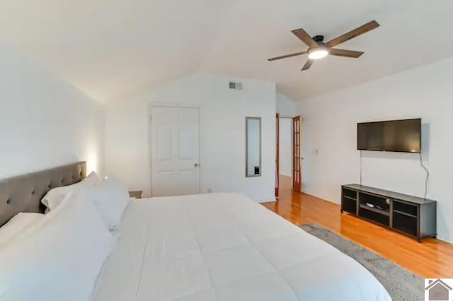 354 Sassafrass Rd, Cadiz, KY 42211 - bedroom with vaulted ceiling, wood finished floors, and a ceiling fan