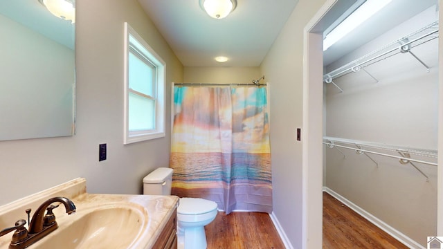 bathroom with toilet, wood-type flooring, vanity, and a shower with curtain