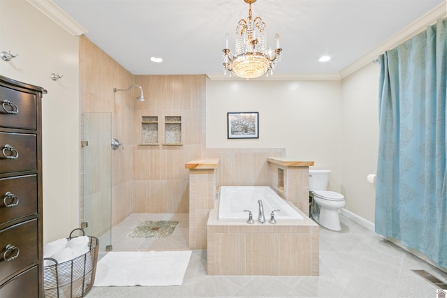 bathroom with tile patterned flooring, independent shower and bath, a chandelier, crown molding, and toilet