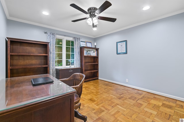 office space featuring ceiling fan, light parquet floors, and crown molding