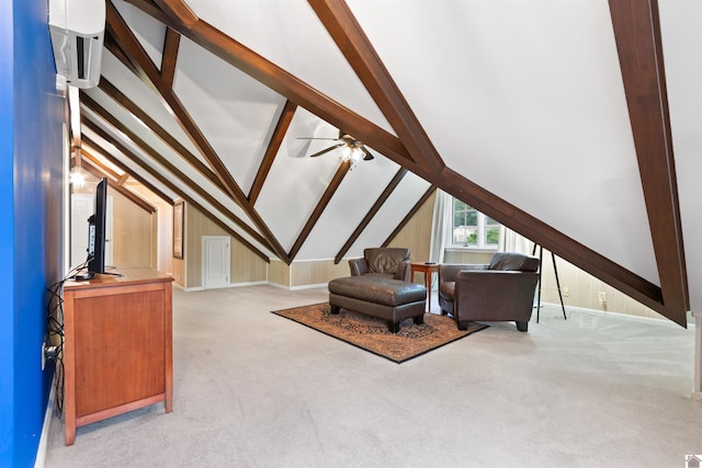 sitting room with beamed ceiling, ceiling fan, light colored carpet, and high vaulted ceiling