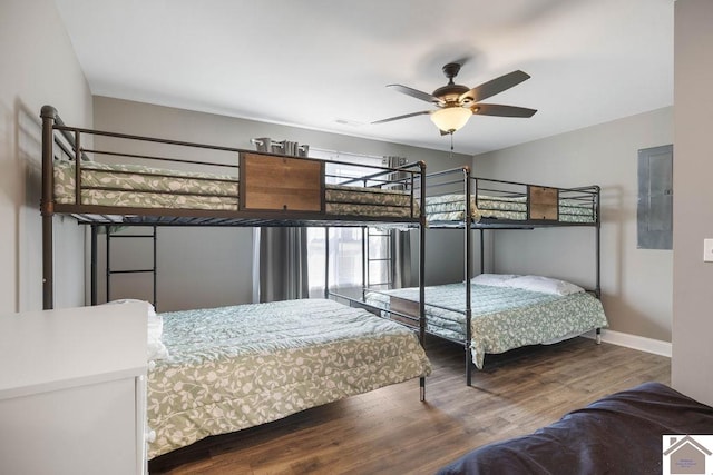 bedroom featuring wood-type flooring and ceiling fan