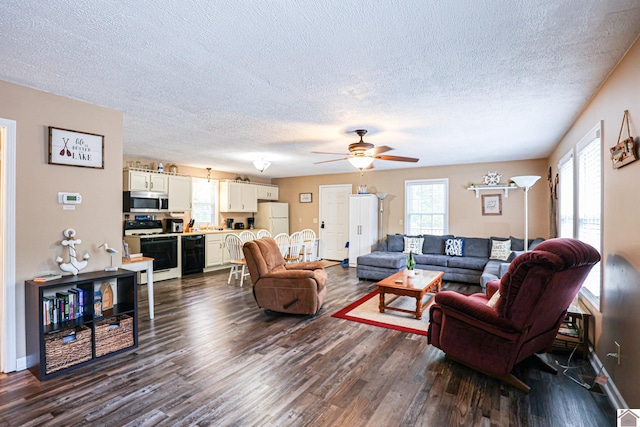 living room featuring ceiling fan, dark wood-type flooring, and a textured ceiling