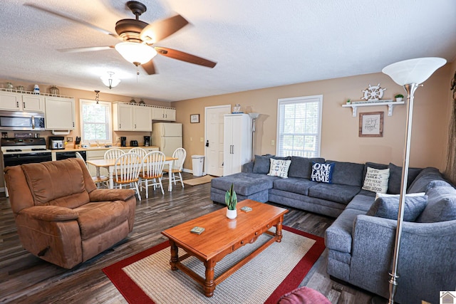 living room featuring a healthy amount of sunlight, ceiling fan, and dark wood-type flooring