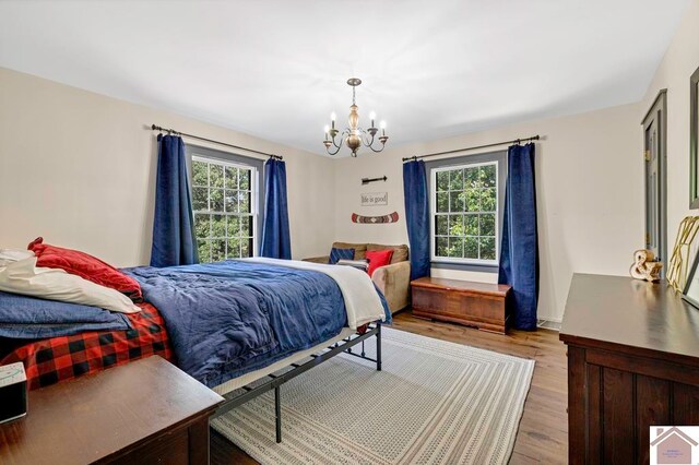 bedroom with multiple windows, light hardwood / wood-style floors, and a notable chandelier