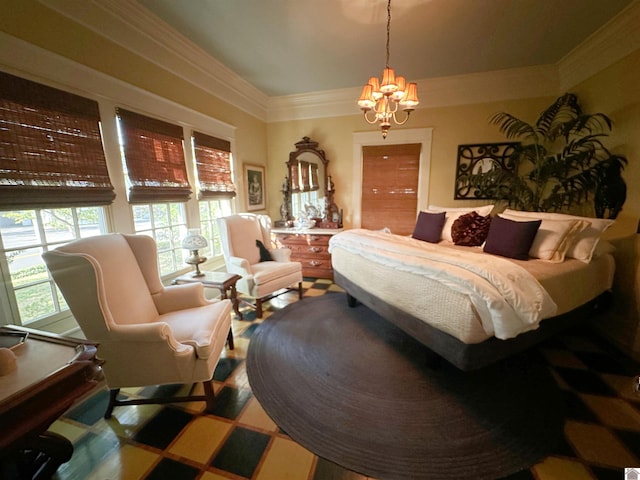 bedroom with crown molding and a notable chandelier