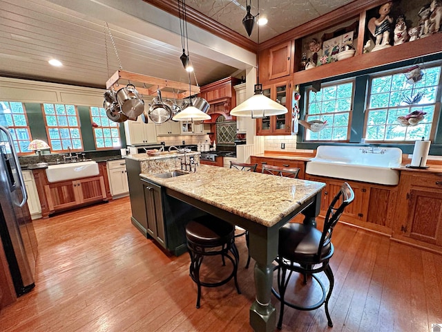 kitchen featuring pendant lighting, light hardwood / wood-style floors, and a healthy amount of sunlight