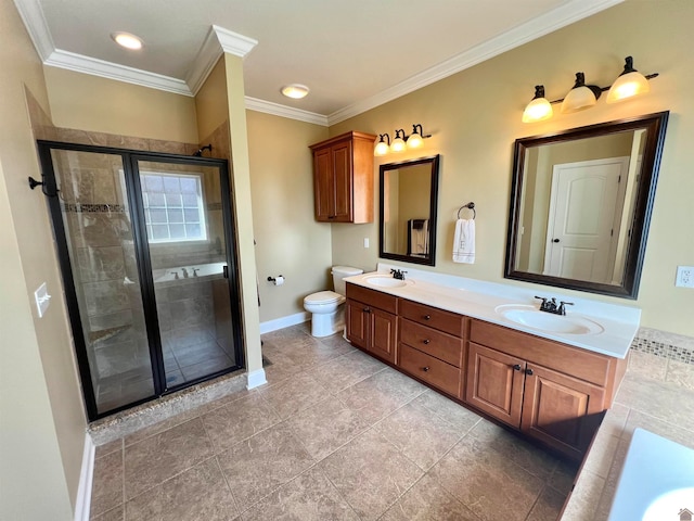 bathroom featuring tile patterned floors, a shower with shower door, ornamental molding, vanity, and toilet