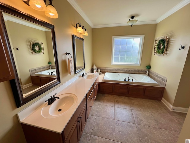 bathroom featuring vanity, a bathtub, crown molding, and tile patterned floors