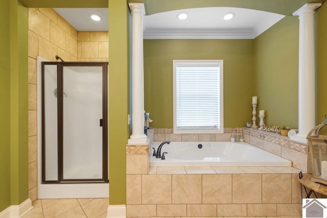 bathroom with decorative columns, independent shower and bath, tile patterned floors, and crown molding