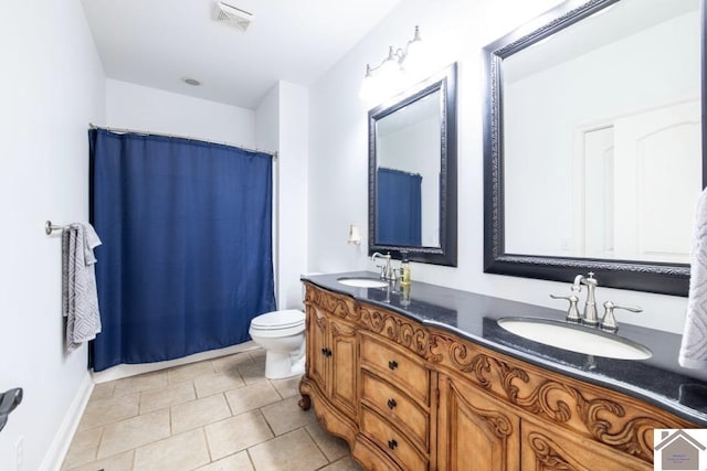 bathroom featuring tile patterned flooring, vanity, toilet, and a shower with shower curtain