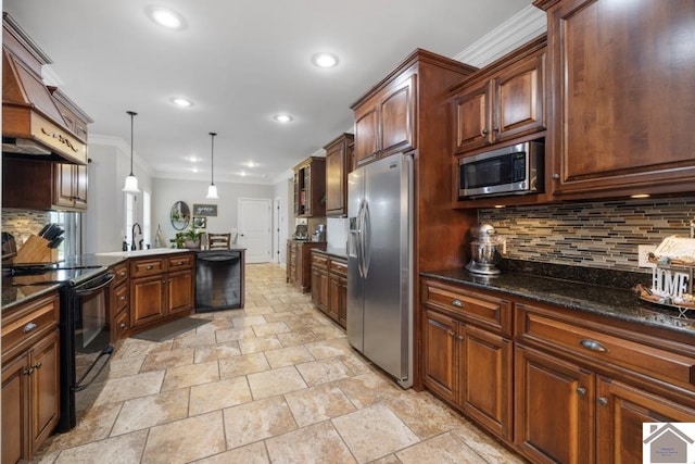 kitchen with decorative backsplash, ornamental molding, black appliances, and decorative light fixtures