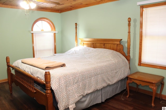 bedroom with wood ceiling, dark hardwood / wood-style floors, and ceiling fan