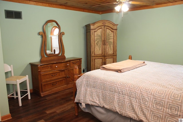 bedroom with ceiling fan, wooden ceiling, and dark hardwood / wood-style flooring