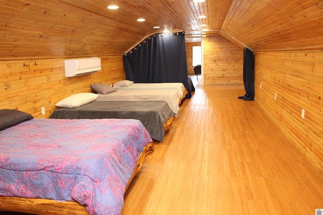 bedroom featuring wooden walls, wood ceiling, light wood-type flooring, and vaulted ceiling